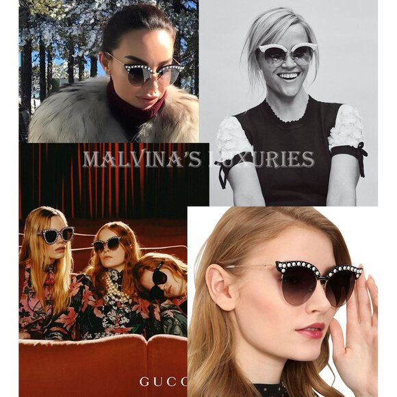 GUCCI SUNGLASSES GG0212S 002 CAT EYE HAVANA GOLD PEARL ACCENTS BUMBLEBEE - Picture 2 of 12